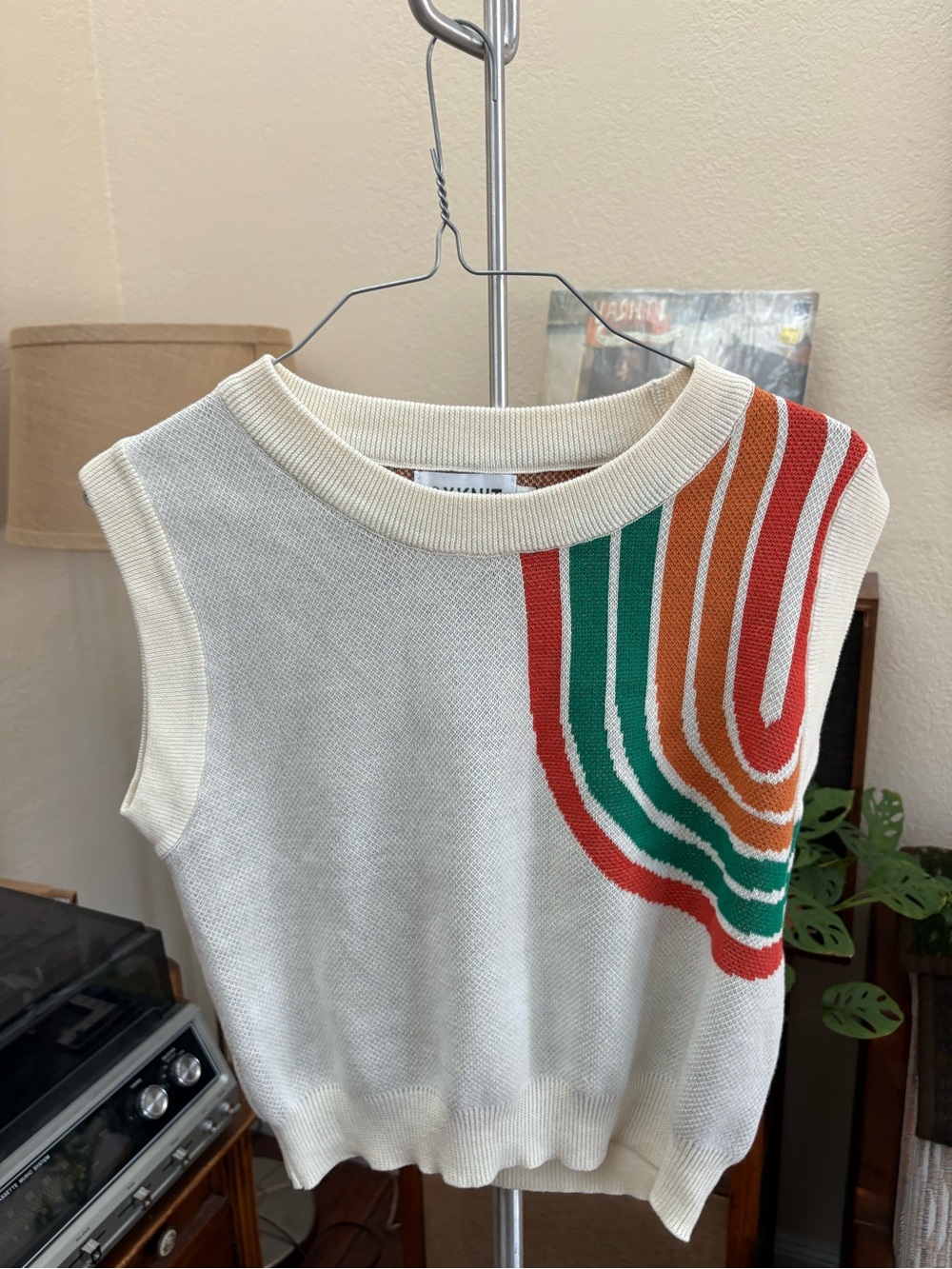 Retro Oxknit Sleeveless Cream Knit Sweater with Green, Orange and Red